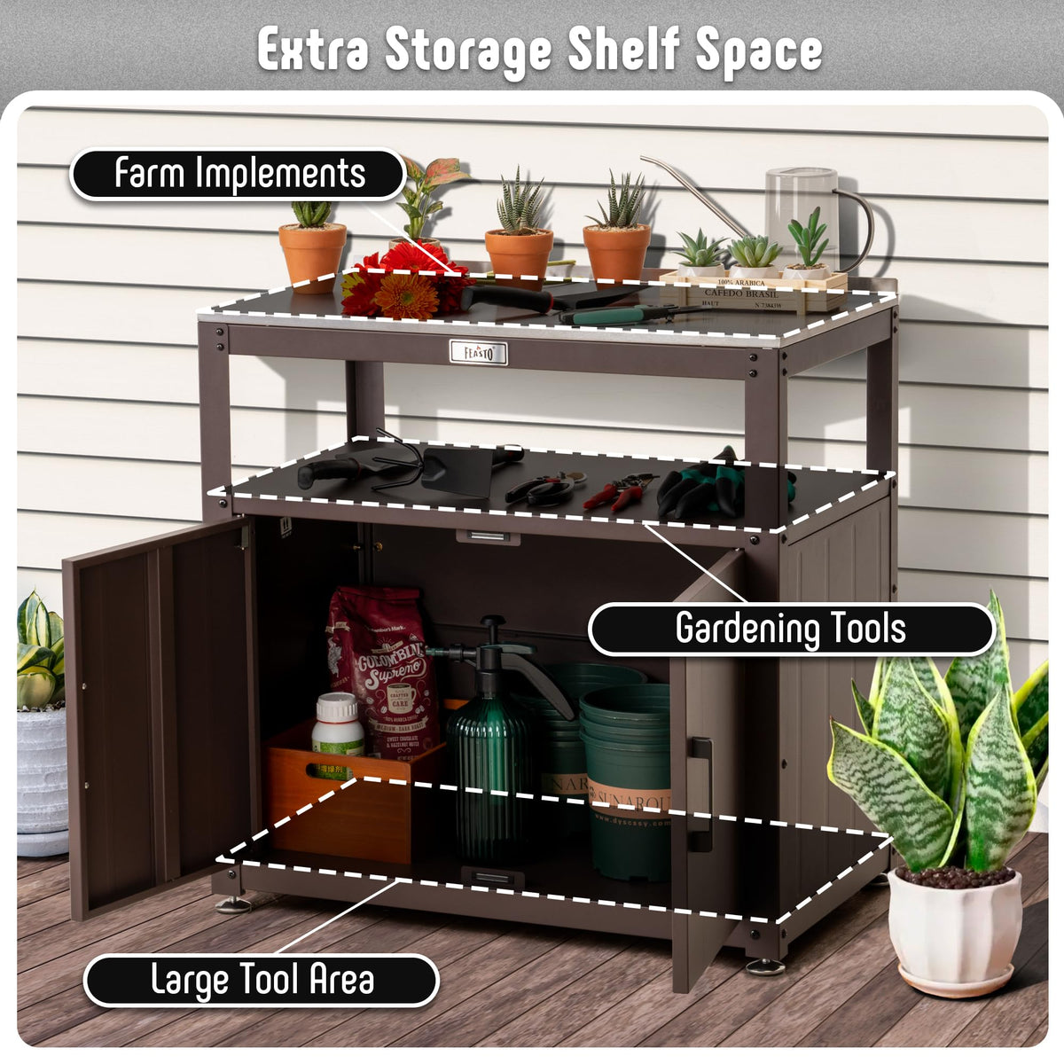 Garden Potting Bench with Storage Cabinet, Outdoor Gardening Table and Plant Workbench, Gardening, with Stainless Steel Tabletop