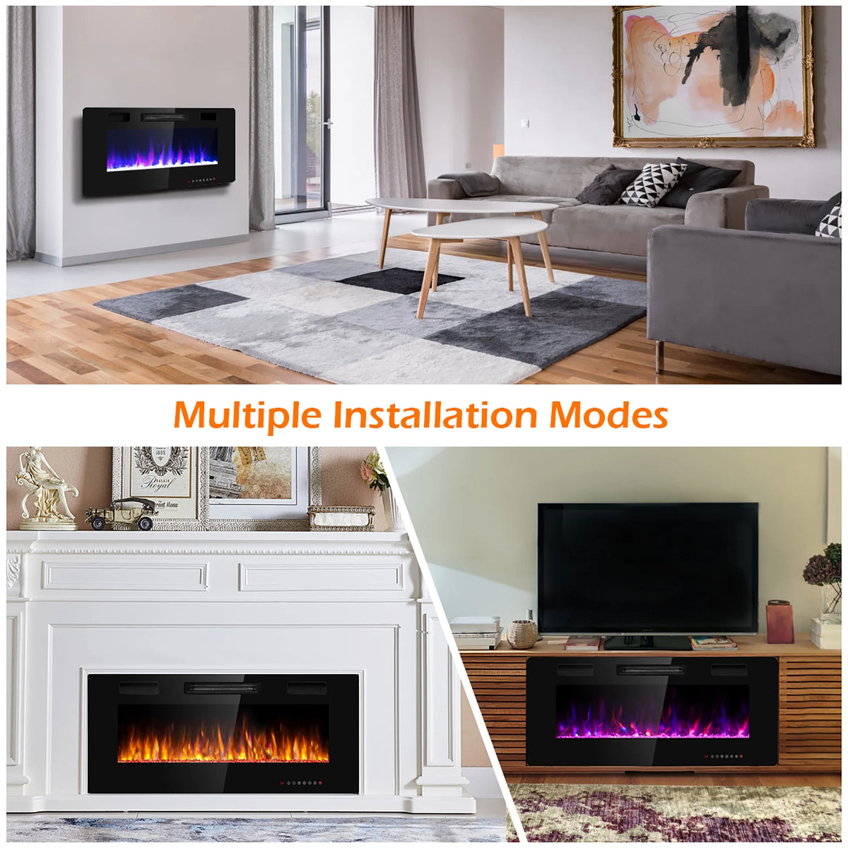 Costway 36'' Electric Fireplace Recessed Ultra Thin Wall-Mounted Heater w/Multicolor Flame
