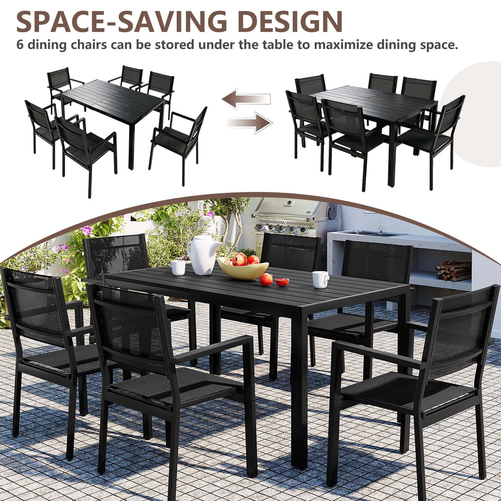 7 Piece Outdoor Dining Set, Patio Dining Table Set for 6 Persons, Garden Patio Textilene Dining Furniture Set with Plastic-Wood Tabletop, Dining Table Chairs Conversation Set for Deck Patio