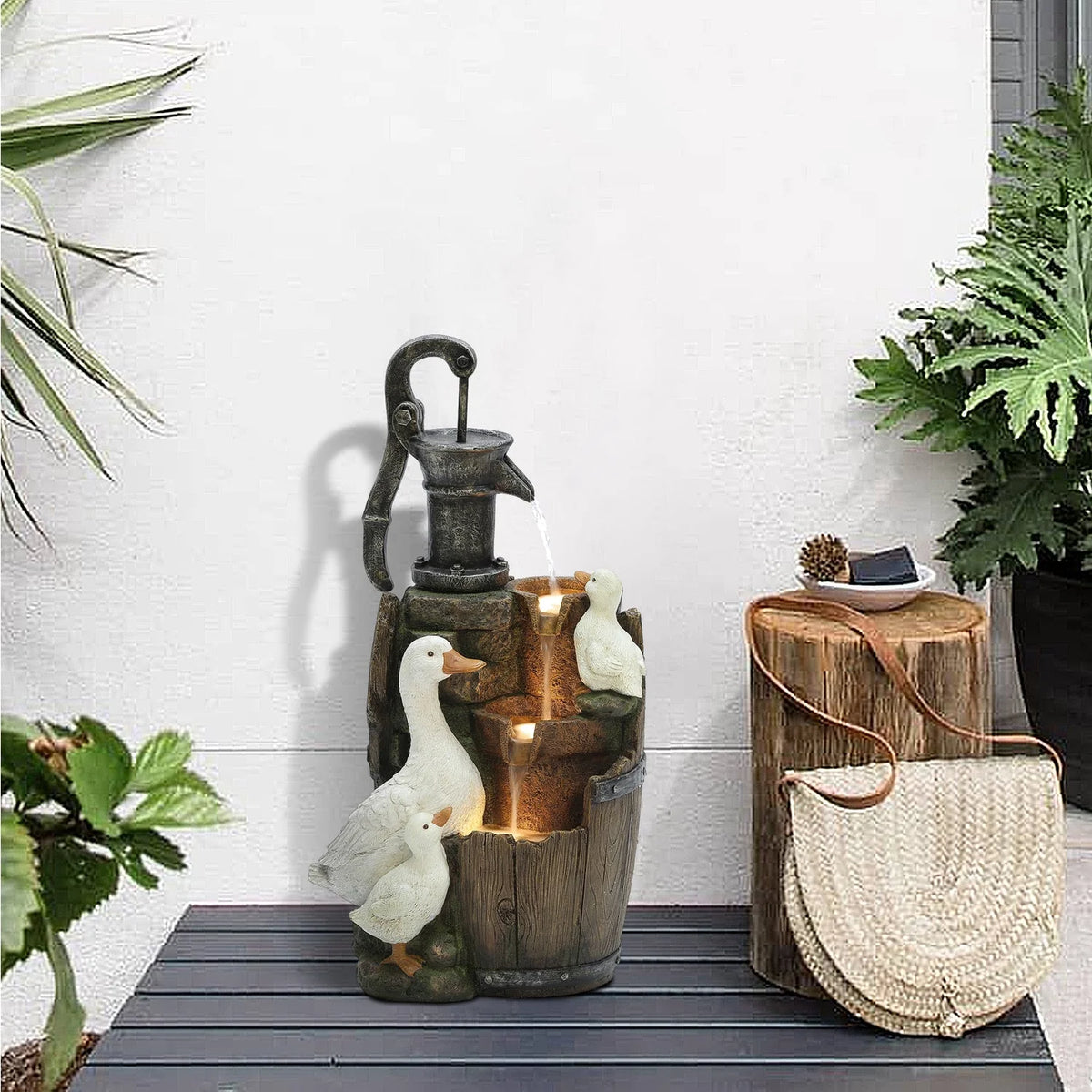 LuxenHome Farmhouse Pump and Duck Family Resin Outdoor Fountain with LED Lights