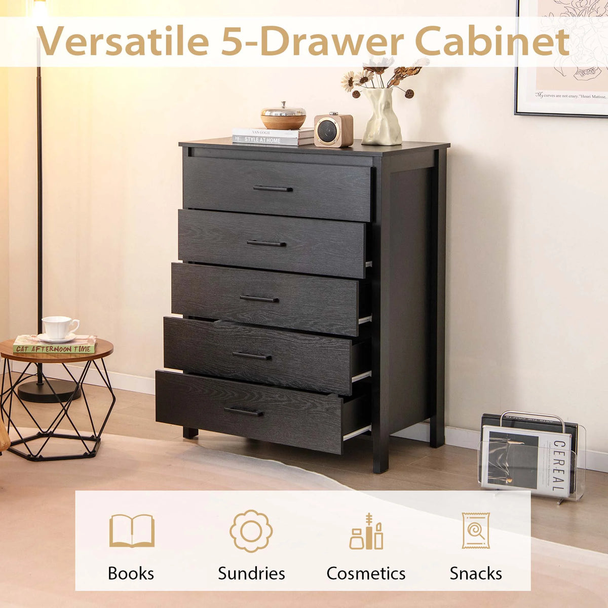 Costway Modern 5 Drawer Chest Storage Dresser Cabinet with Metal Handles Gray Oak