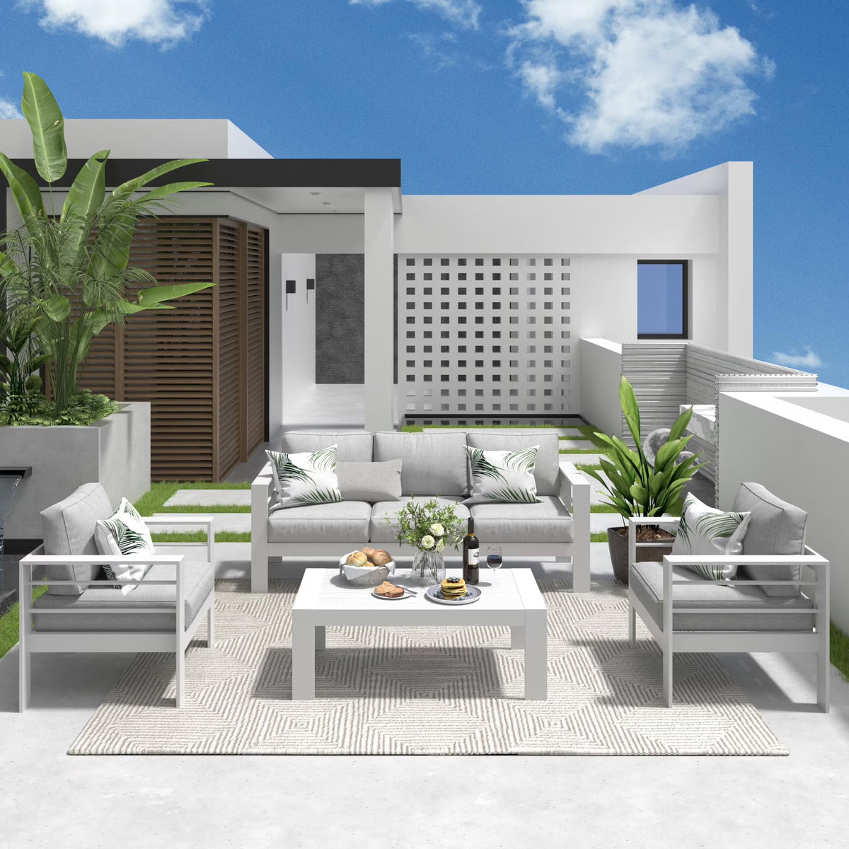 CozyHom 5 Pcs Outdoor Patio Aluminum Furniture Sofa Sets, Outside Patio Conversation Couch Sets With Table&Cushions for Garden Porch, Gray