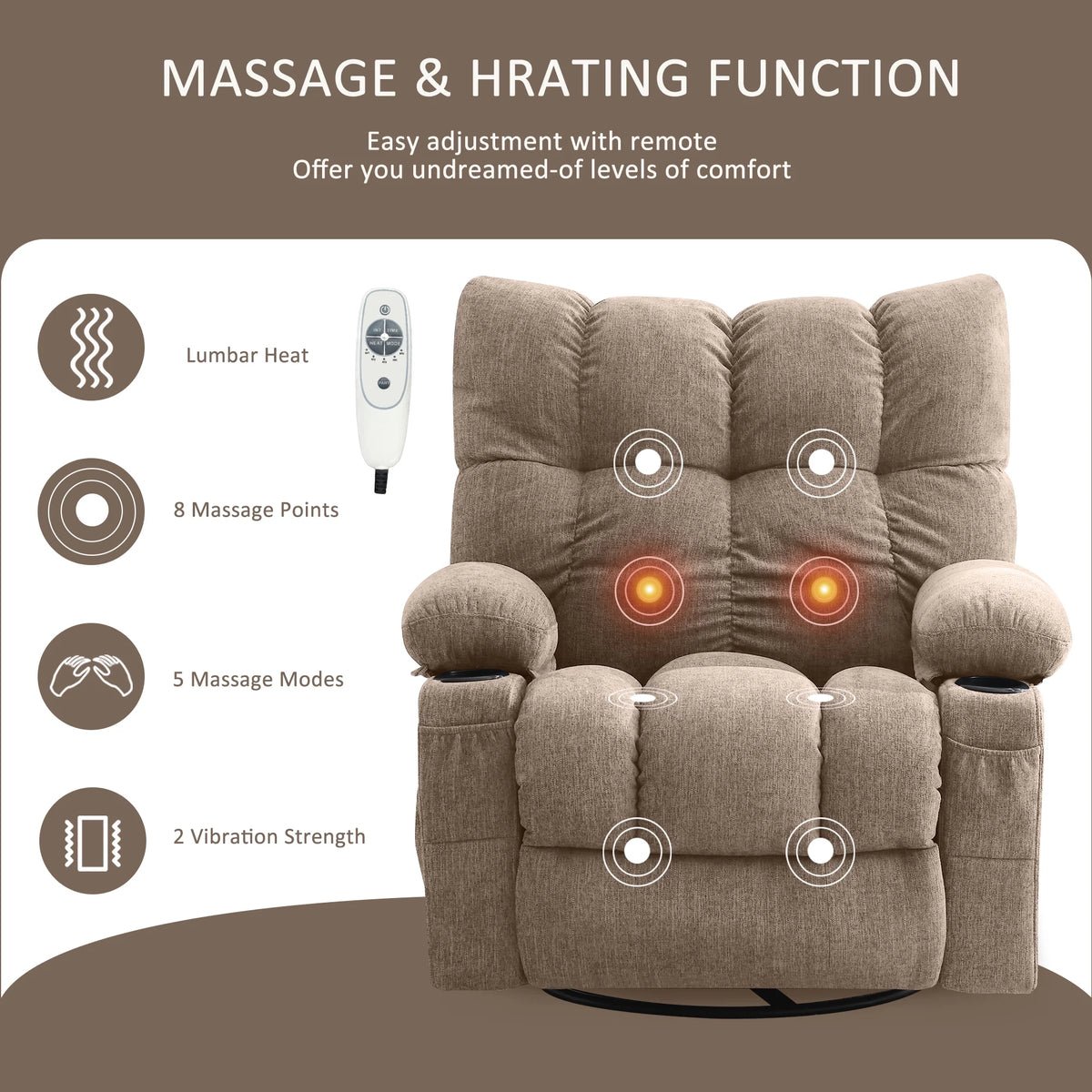 JONPONY Manual Recliner Chair with Heat Therapy and Massage Function, Heavy Duty Reclining Mechanism Massage Chair, Elderly Single Rocker Sofa with Cup Holders for Bedroom Home Theater,Grey