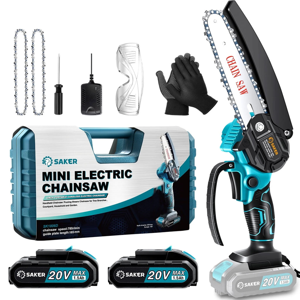 Saker 6 Inch Mini Chainsaw, Handheld Pruning Chainsaw, Electric Cordless Chainsaw for Tree Branches, Courtyard, Household & Garden, With 2PCS 20V 1500mAh Batteries & 3 PCS Chains