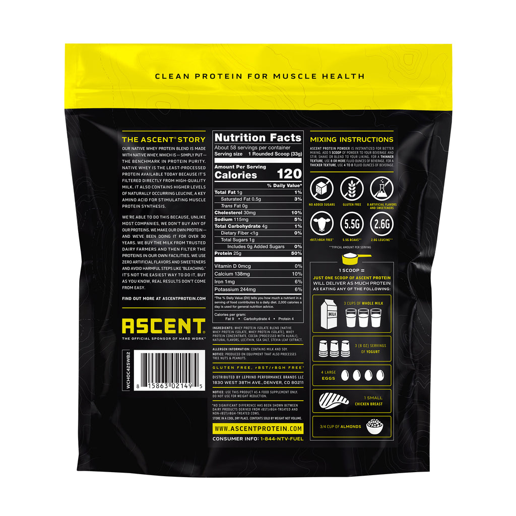 Ascent 100% Whey, Native Whey Protein Blend, Chocolate, 4.25 lbs