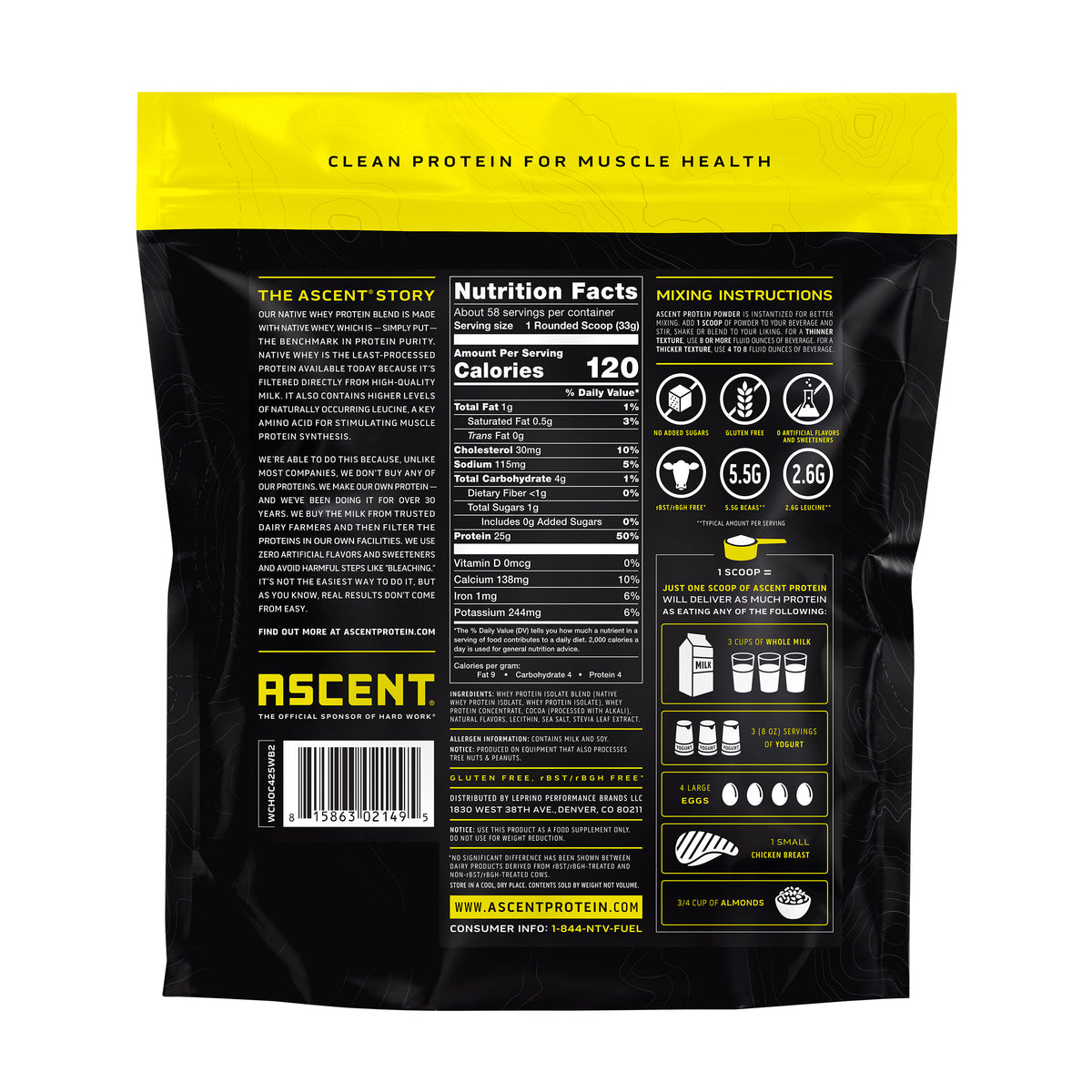 Ascent 100% Whey, Native Whey Protein Blend, Chocolate, 4.25 lbs