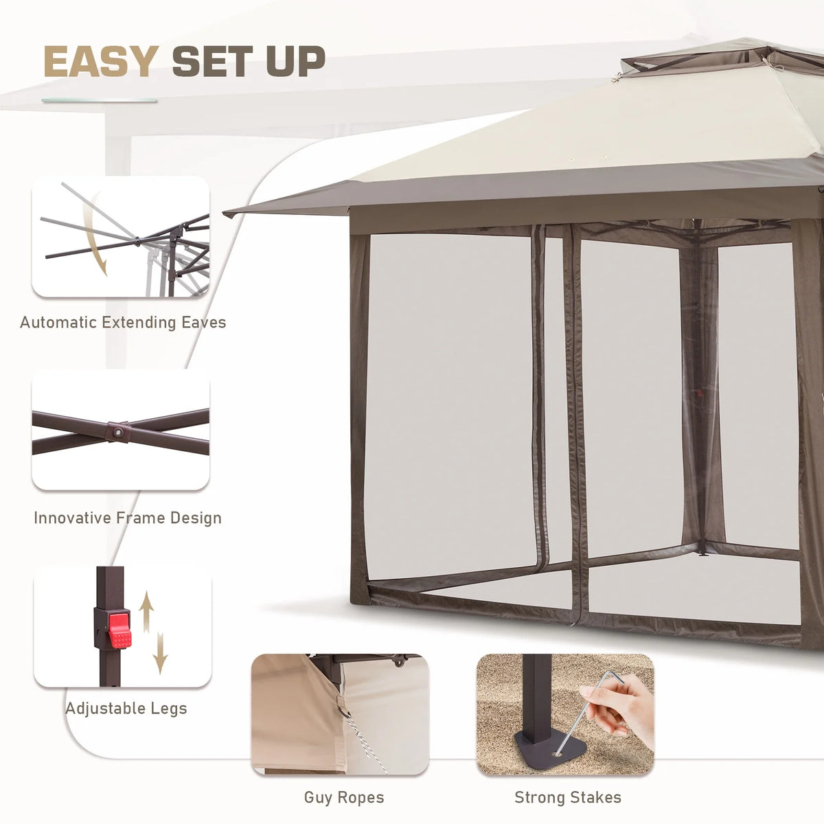 EAGLE PEAK 13' x 13' Pop-Up Gazebo Tent Instant w/Mosquito Netting，Outdoor Gazebo Canopy Easy Set-up Folding Shelter (Beige/Brown)