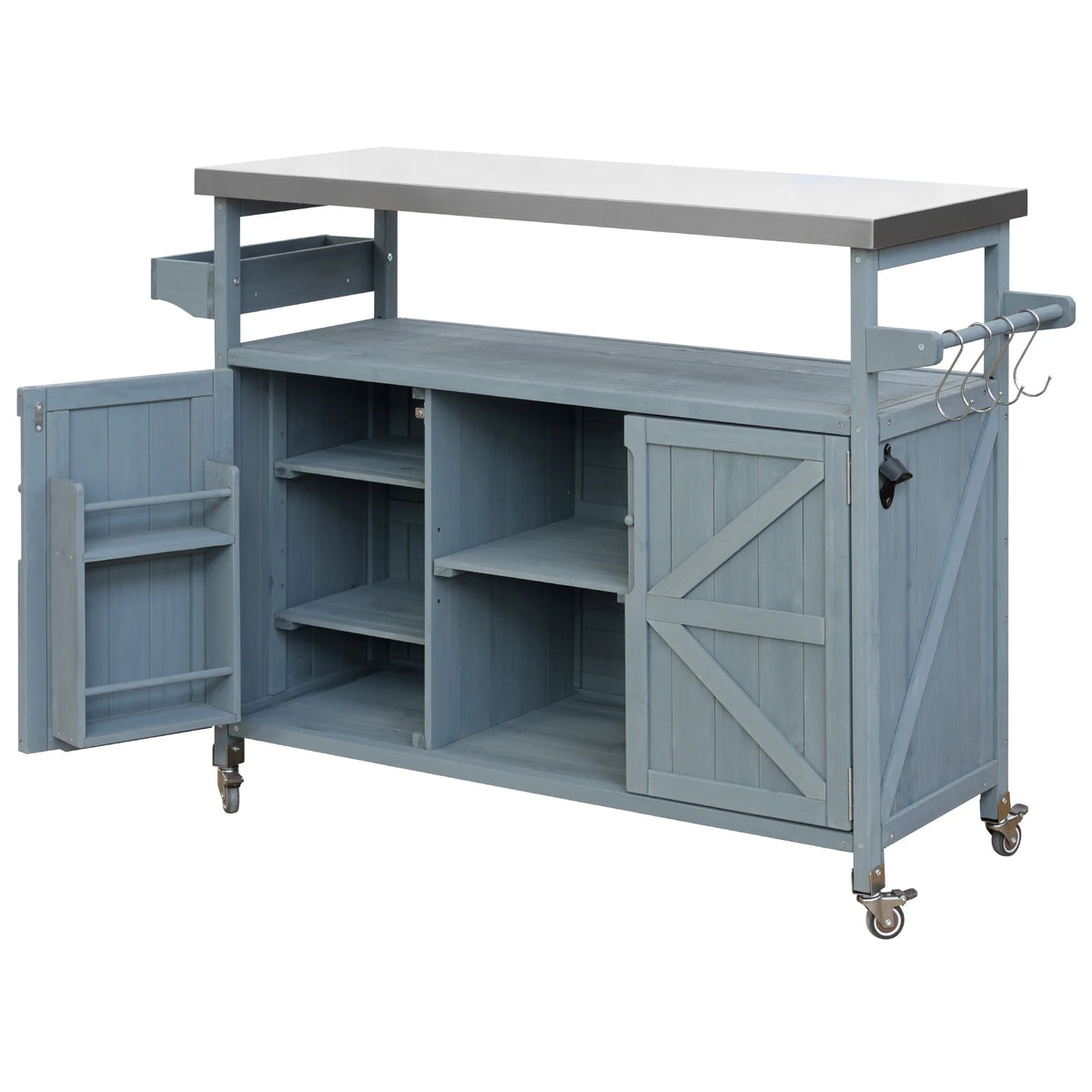 Outdoor Kitchen Island, Rolling Bar Cart & Storage Cabinet, Farmhouse Solid Wood Outdoor Grill Table with Stainless Steel Top, Spice Rack , Towel Rack for Kitchen & BBQ , Natural