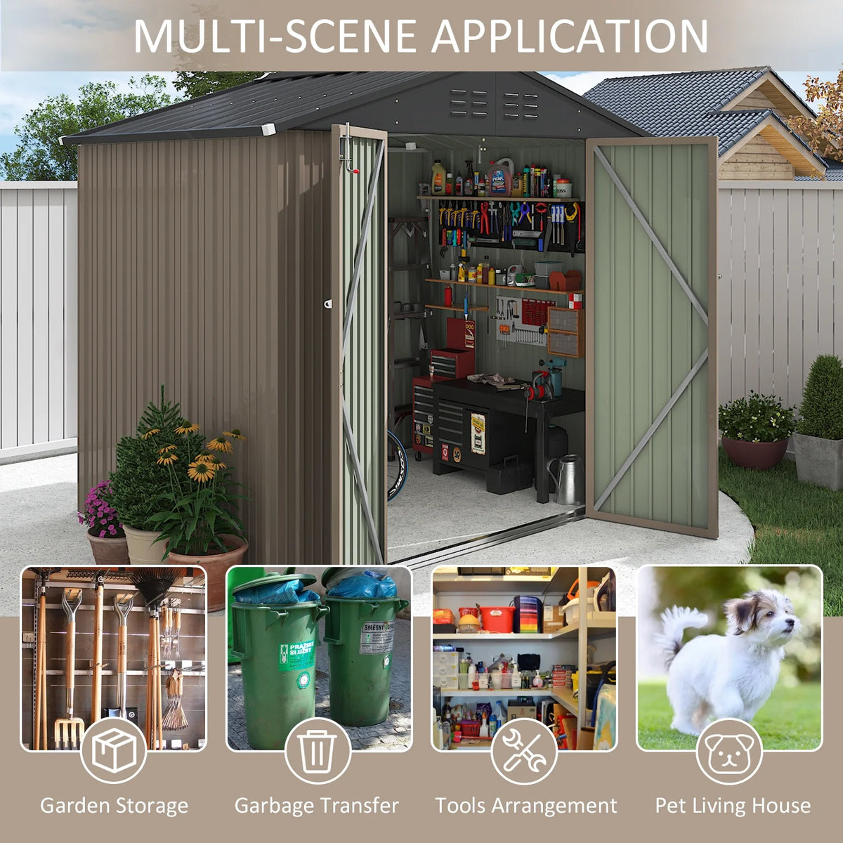 LACOO 4' x 6' Outdoor Storage Metal Shed for Tool Storage, Outdoor House for Backyard & Garden,Brown