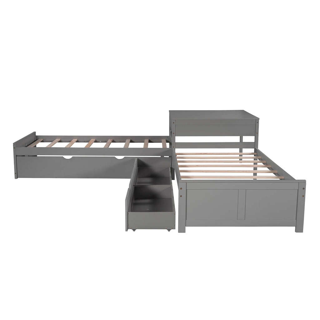 Euroco Wood Twin Size L-Shaped Platform Bed with Square Storage Table for Kids Teens, 2 Platform Beds with Trundle and Drawers for Living Room, 3 Twin Beds, Gray