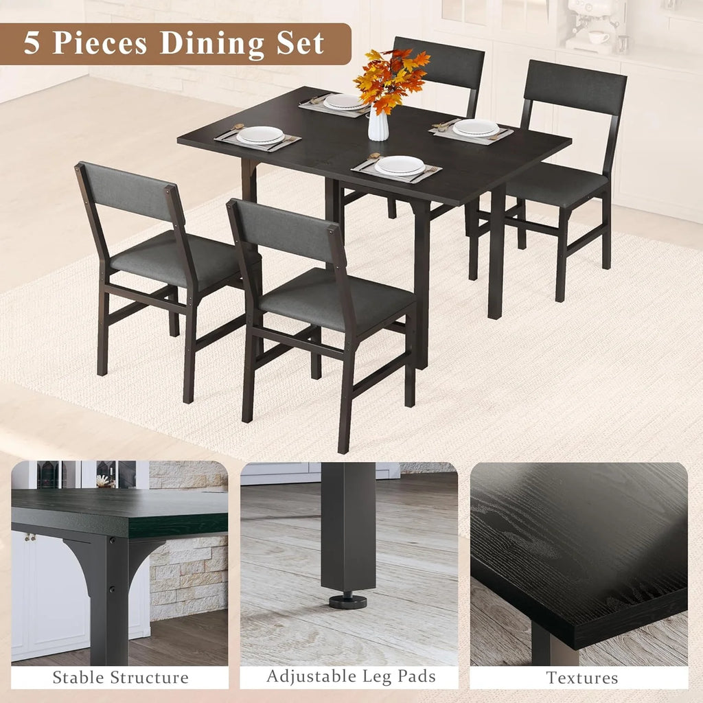 Fairy Dining Table Set for 4, Extendable Kitchen Table Cushion Chairs Set of 4, Rectangle Dining Table with Metal Frame & MDF Board, Folding for Small Apartment Saving Space, Black