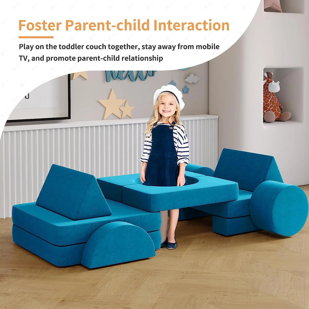 13Pcs Kids Couch, Wanan Toddler Couch Kids Sofa Couch, Kids Fold Out Couch for Playroom Bedroom, Modular Couch for Boys and Girls, Play Couch Sofa for Kids, Blue