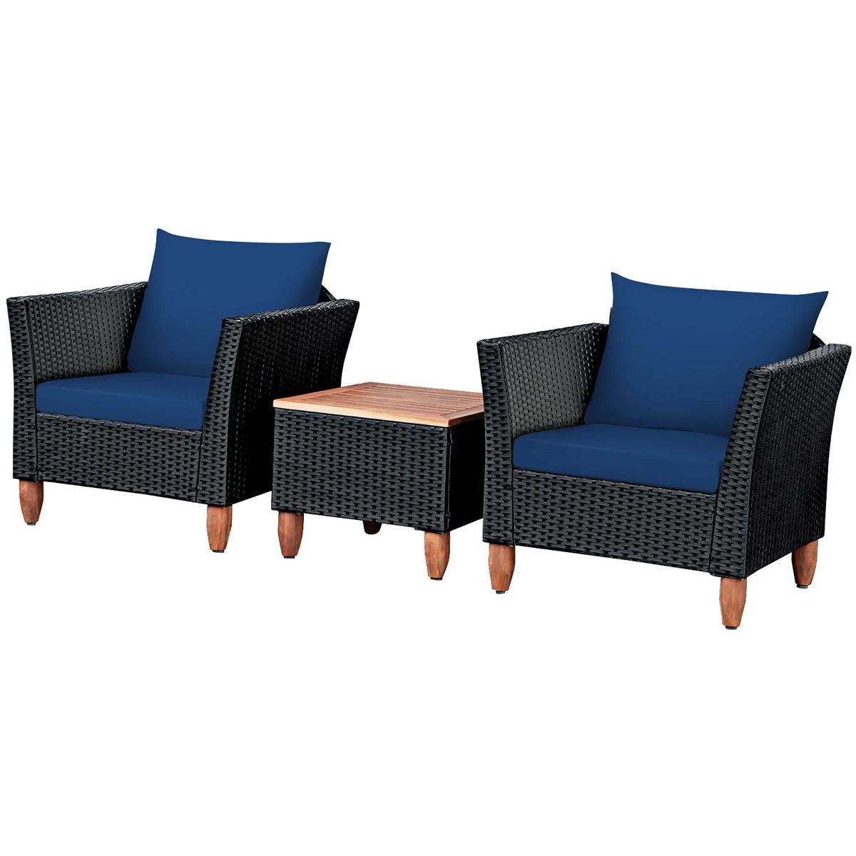 Costway 3PCS Outdoor Patio Rattan Furniture Set Wooden Table Top Cushioned Sofa Navy