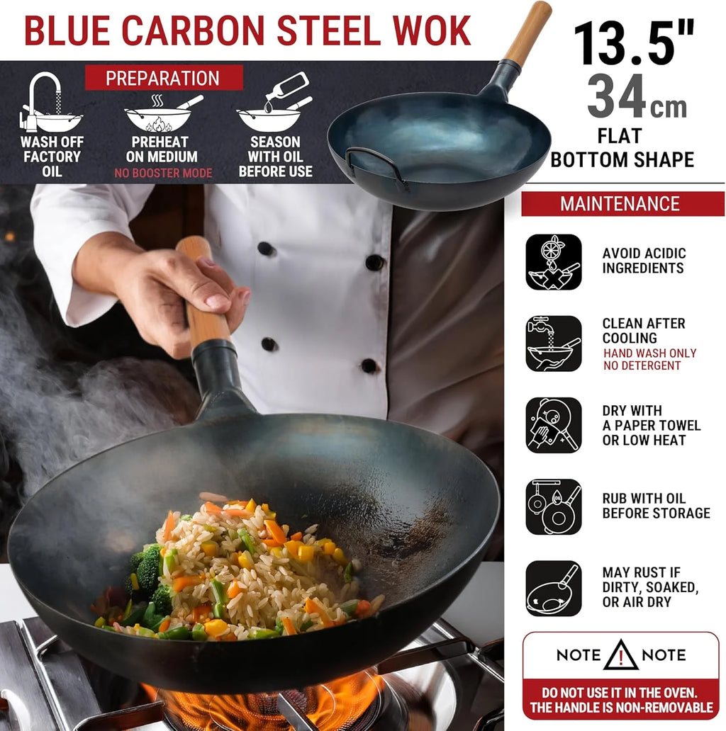 YOSUKATA 13.5" Carbon Steel Wok Pan Pre-Seasoned Flat Bottom Wok for Stir Fry, BBQ & Camping Works with Induction, Gas, Electric & Open Fire
