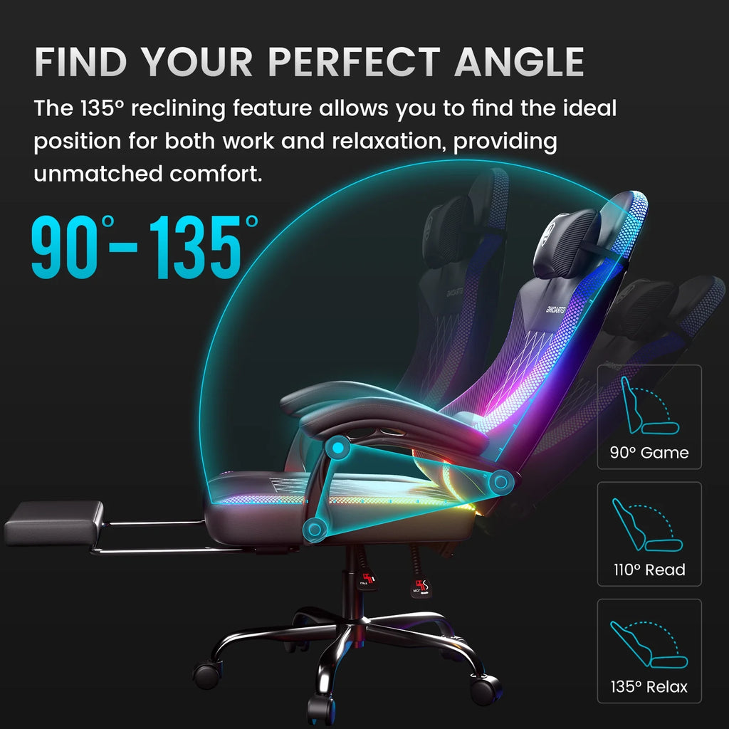 GTRACING RGB Ergonomic Gaming Chair with Massage, LED Lights, Footrest, Lumbar Support and Backrest, Black