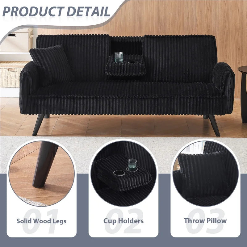 FFH Modern Corduroy Futon Sofa Bed with Adjustable Backrest,Convertible Loveseat Sleeper,Soft Couch with Drop-Down Table and Cup Holder for Living room,Pink