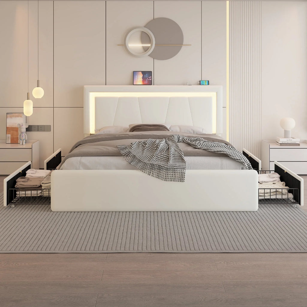 Full Size Upholstered LED Bed Frame with 4 Storage Drawers, Faux Leather Platform Bed with Adjustable Headboard, White