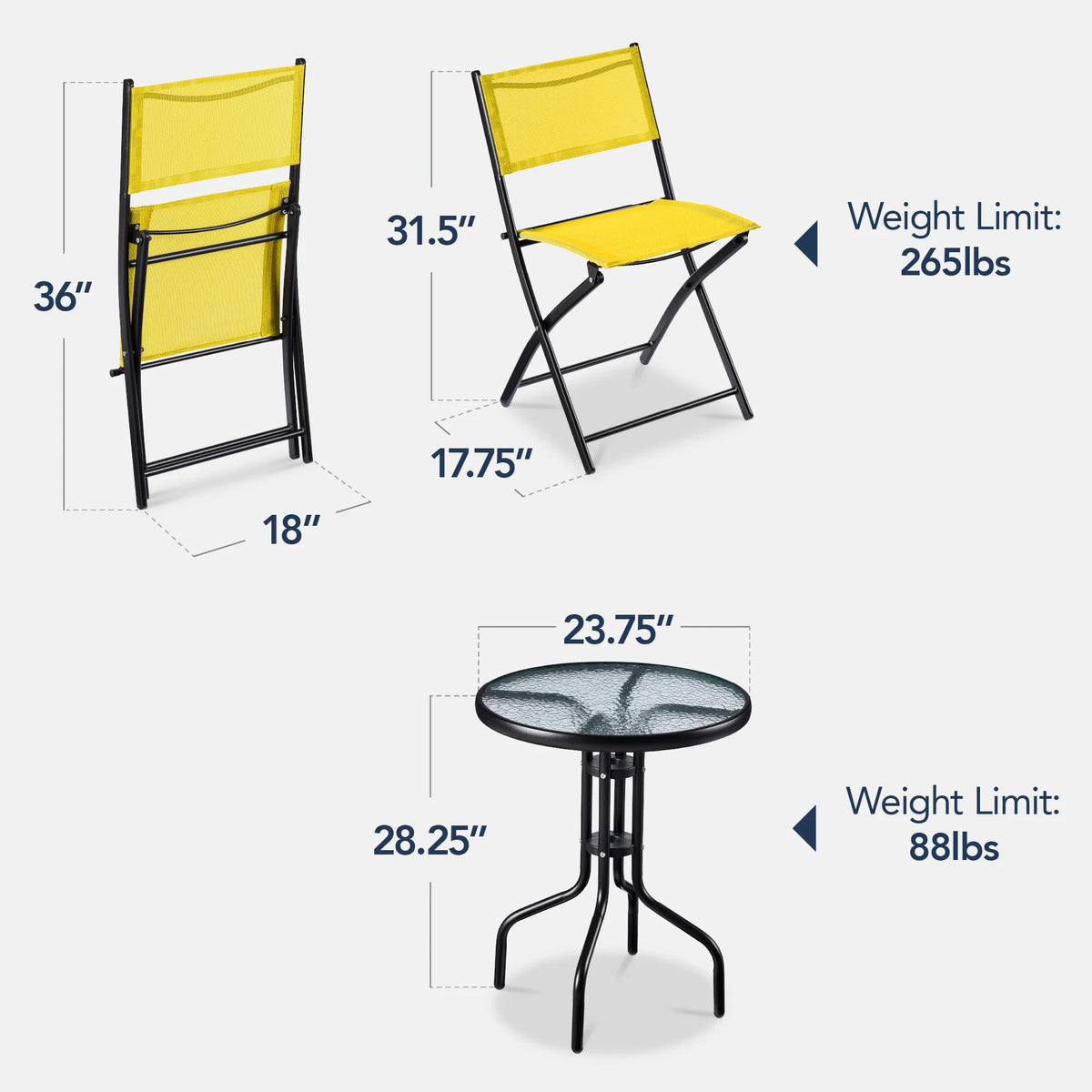 Best Choice Products 3-Piece Patio Bistro Dining Furniture Set w/ Glass Tabletop, Folding Chairs - Gray