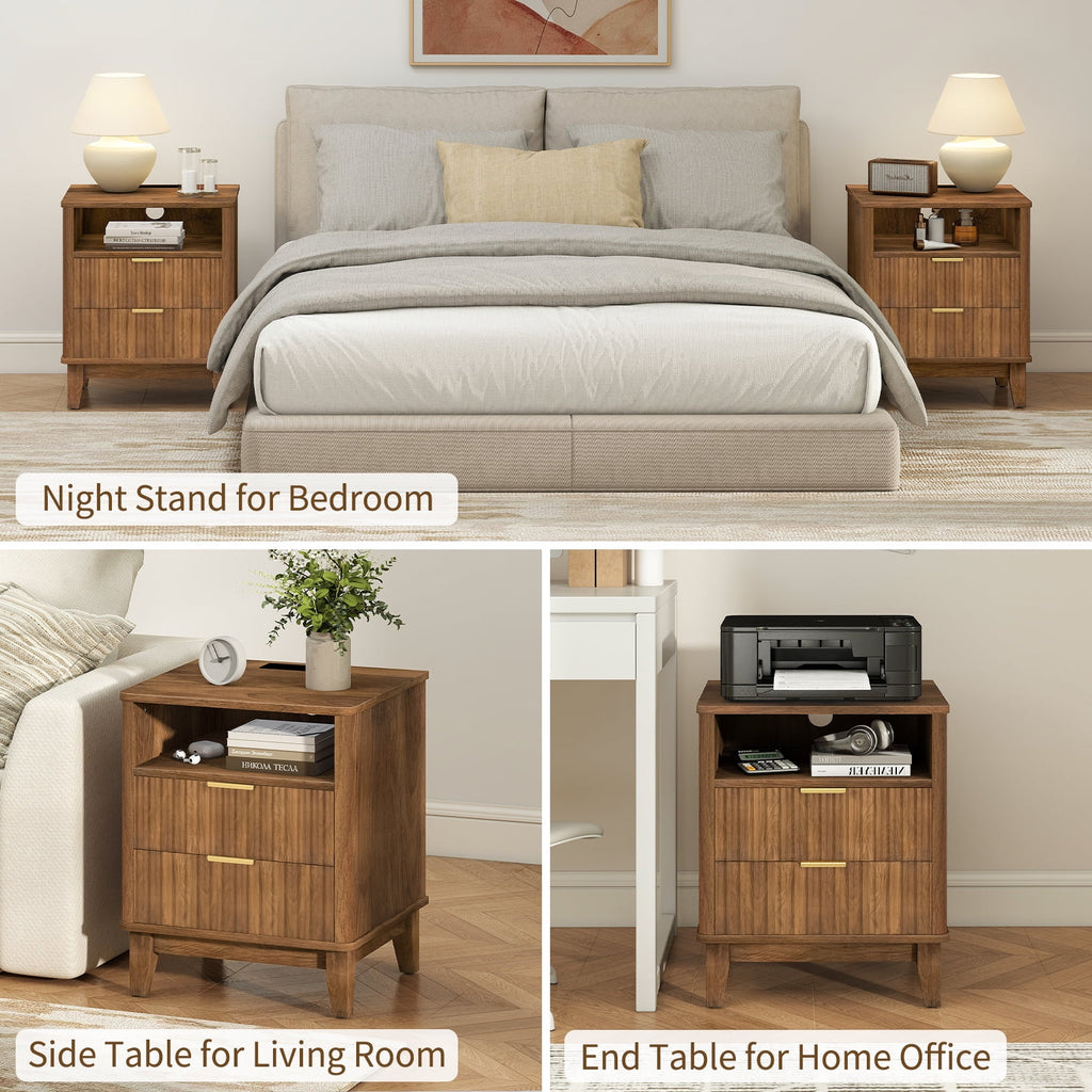 Night Stand with Charger Station, Fluted Nightstand with 2 Drawers and Storage Shelf, Mid Century Modern End Table for Bedroom Living Room,Natural