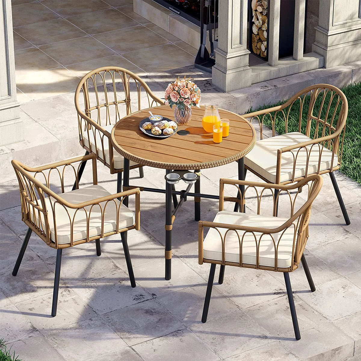 Dextrus 5 pieces Outdoor Dining Set, Patio Dining Sets with 4 Rattan Wicker Dining Chair and Round Table With Umbrella Hole, Sectional Conversation Set for Backyard, Balcony, Garden, Lawn