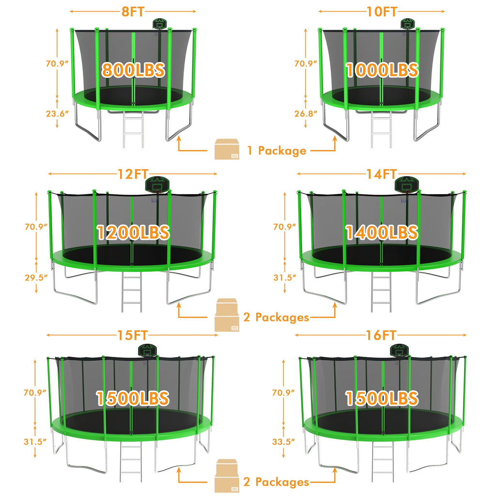 KOFUN Trampoline for Adults and Kids, 16FT 15FT 14FT 12FT 10FT 8FT Trampoline with Basketball Hoop, Enclosure Net, Ladder, Light, Anchor Kits, Heavy Duty Outdoor Backyard Trampolines, Black