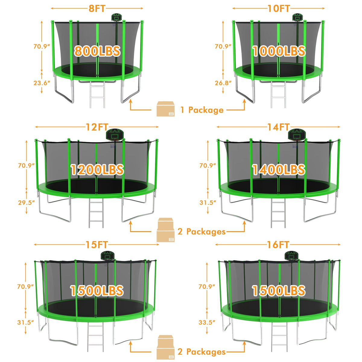 KOFUN Trampoline for Adults and Kids, 16FT 15FT 14FT 12FT 10FT 8FT Trampoline with Basketball Hoop, Enclosure Net, Ladder, Light, Anchor Kits, Heavy Duty Outdoor Backyard Trampolines, Black