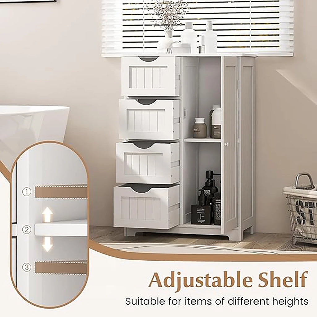 Gymax Bathroom Floor Cabinet Storage Organizer Cupboard w/ 4 Drawers Adjustable Shelf Grey