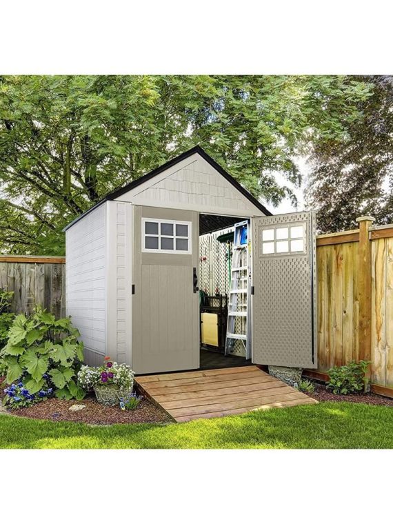 Rubbermaid 7×7 Ft Durable Weather Resistant Resin Outdoor Garden Storage Shed with Windows and Utility Hooks, Sand