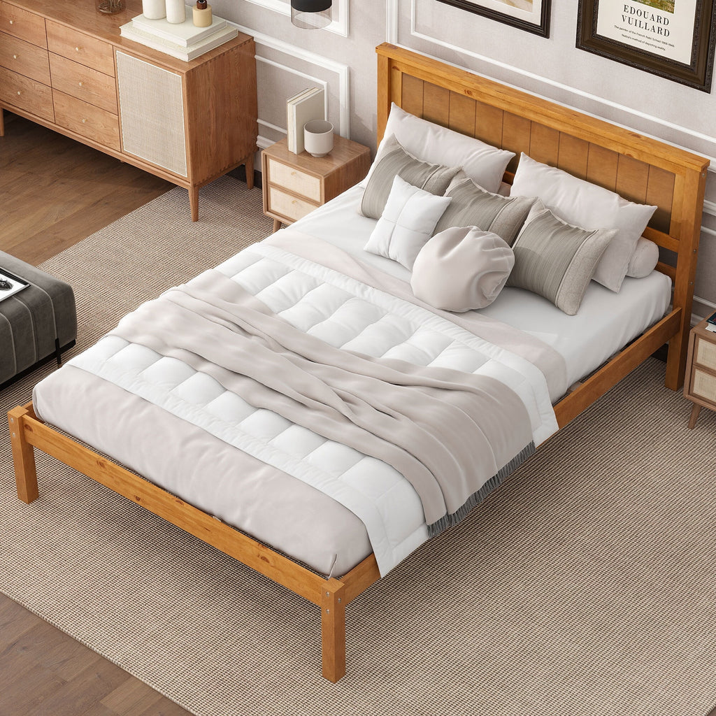 Euroco Twin Platform Bed, Modern Wood Frame Bed with Headboard and Slats for Kids Room, Oak