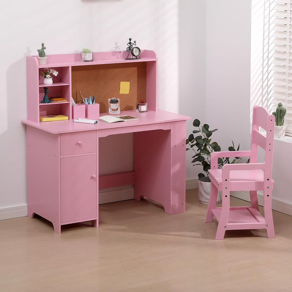 Kids Desk and Chair Set,  Study Table with Storage Shelf, Bulletin Board, Children School Learning Desk Set, Writing Table for Boys and Girls, Pink