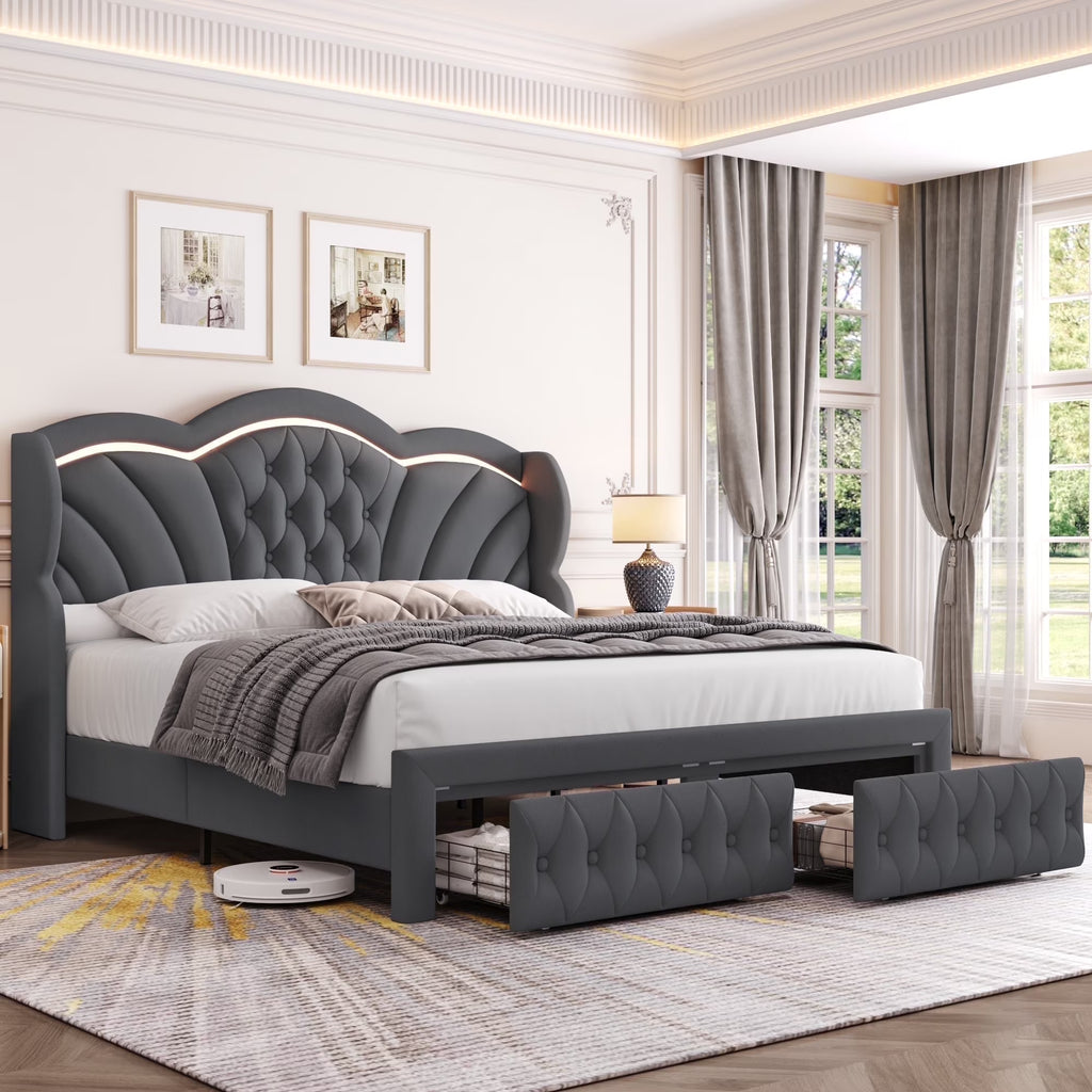 Hiphuta Modern Queen Bed Frame with 2 Drawers, LED Lights Platform Bed Frame, Sturdy Beds Frame with Upholstered Button Tufted Headboard, Velvet White