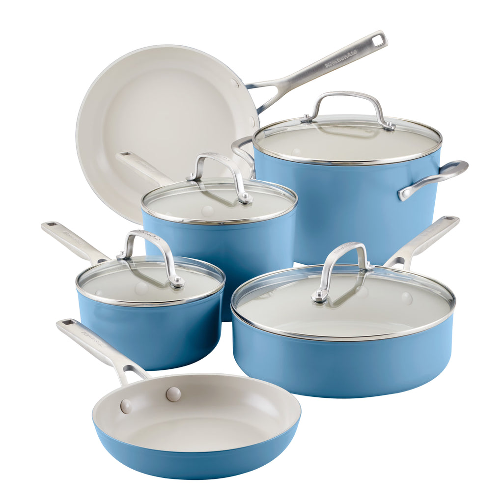 KitchenAid Hard Anodized 10 Pcs Ceramic Nonstick Cookware Pots and Pans Set, Oven Safe to 500F, Pistachio
