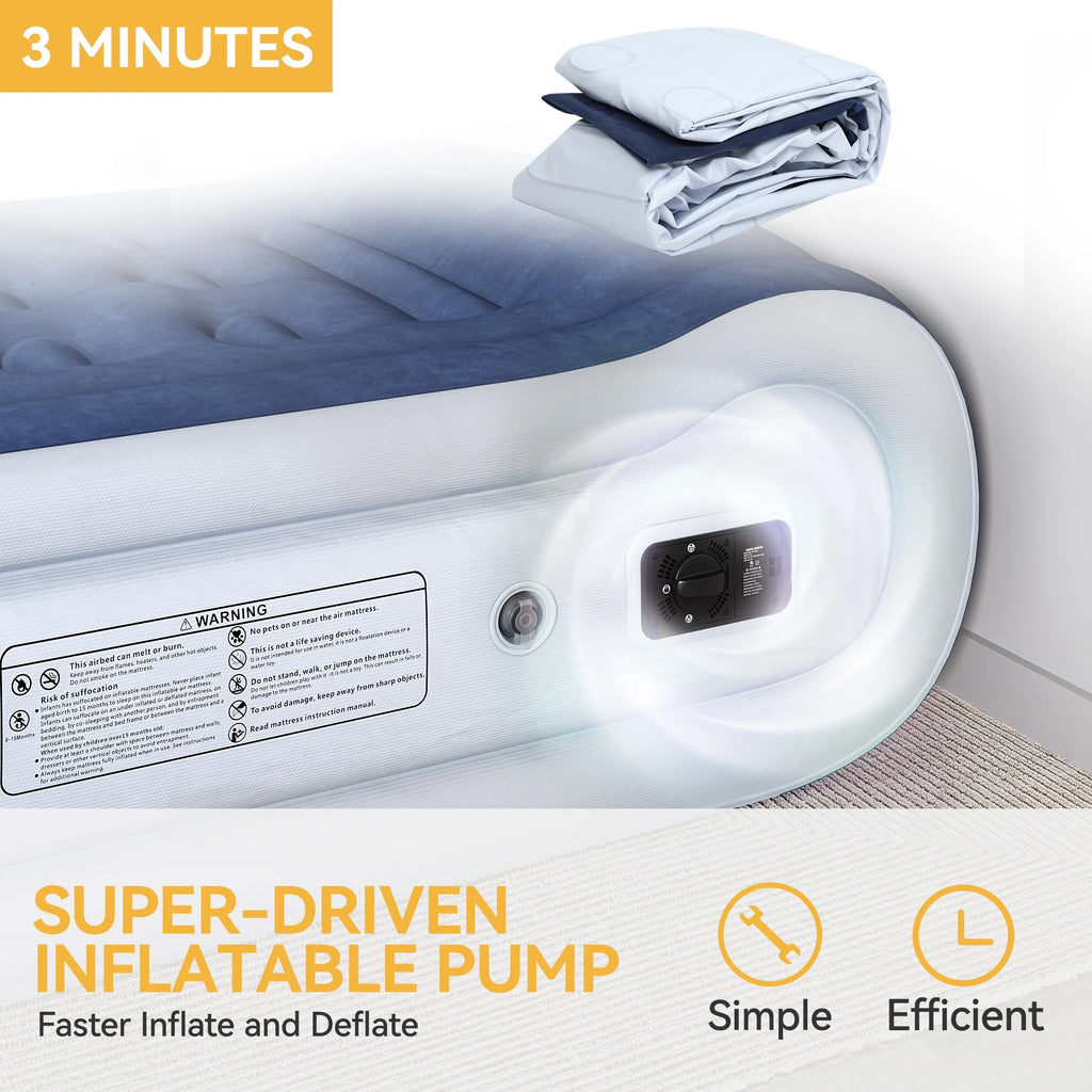 Dextrus Twin Air Mattress,Luxurious Velvet Surface, Unsurpassed Body Support, Ergonomic Design with Integrated Pillow, Emergency Repair Kit, and Rapid Inflation/Deflation
