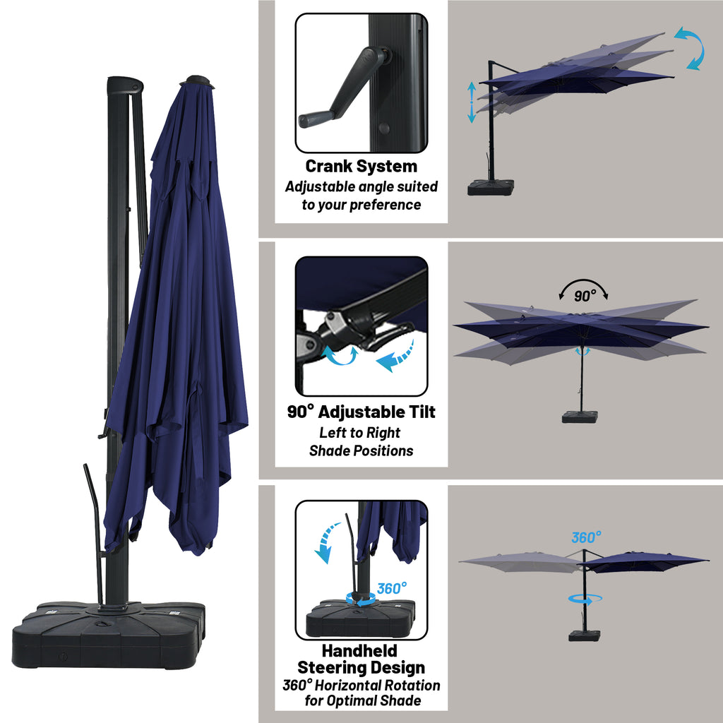 Boyel Living 10 x 13 FT Cantilever Patio Umbrella, Outdoor Rectangle Offset Umbrella with 360°Rotation, Heavy Duty Patio Hanging Umbrella with Base for Garden Pool Backyard, Navy Blue