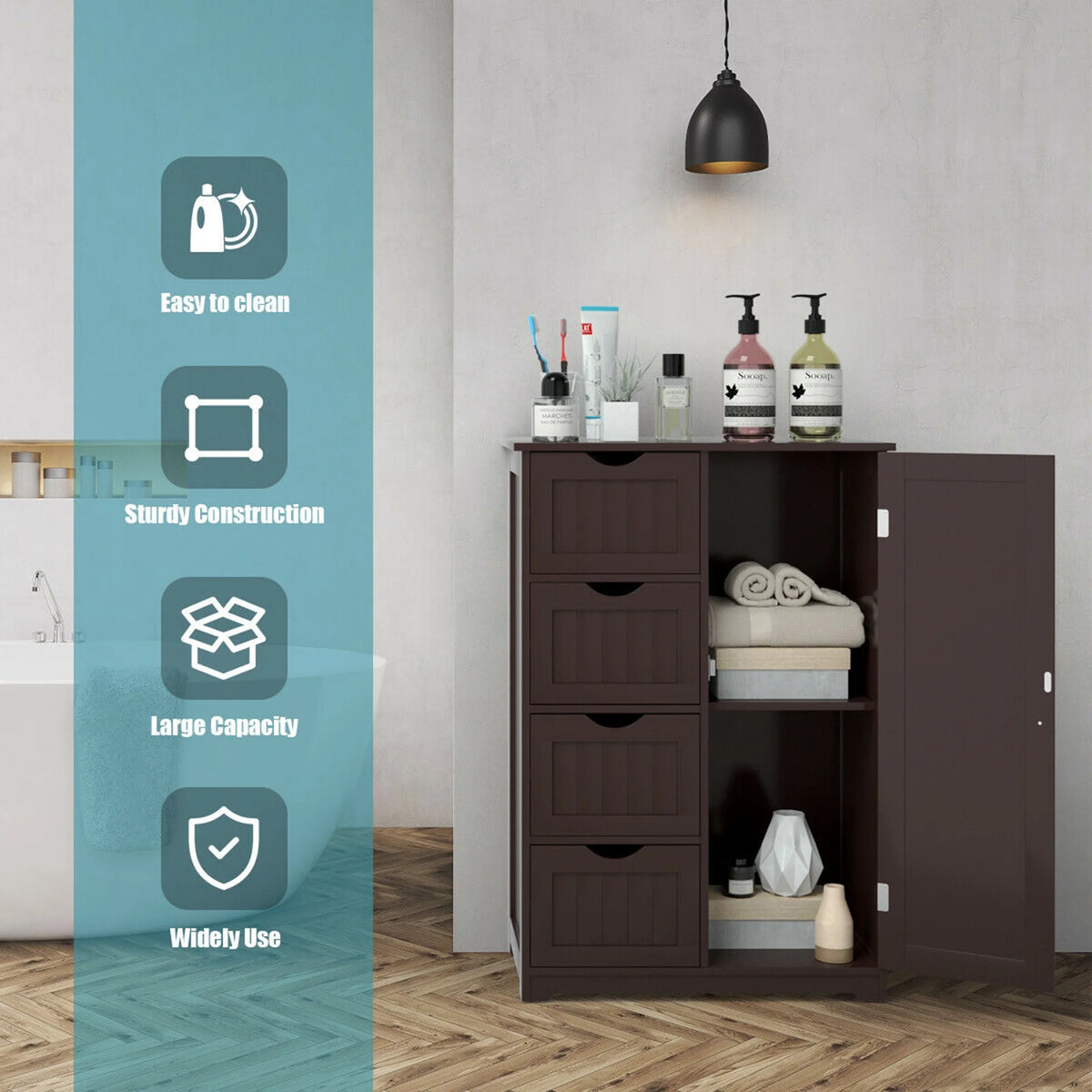 Gymax Bathroom Floor Cabinet Storage Organizer Cupboard w/ 4 Drawers Adjustable Shelf Grey