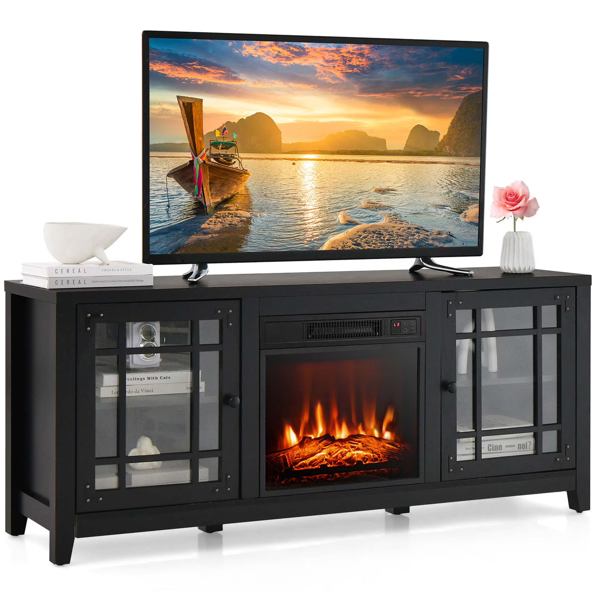 Costway 58 Inches Fireplace TV Stand for TVs up to 65 Inches with 1400W Electric Fireplace Natural
