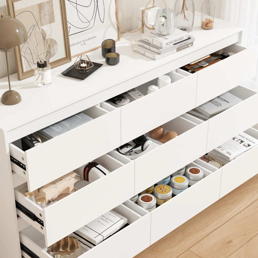 KULAGAGA 9 Drawer Dresser Chest of Drawers, 63 Wide Dressers, Modern Wood Drawer Chest Storage Organizer, No Handle Design for Bedroom Living Room Hallway, White