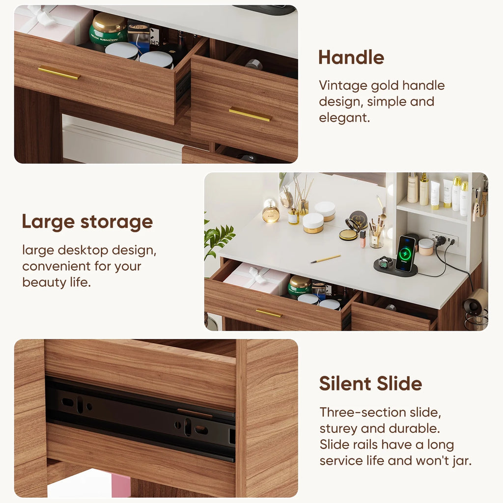 Cottinch Vanity Desk 3 Color Lighted Mirror,Makeup Dressing Table with 4 Drawers and Storage Shelves,2 Outlets,2 USB Ports,White