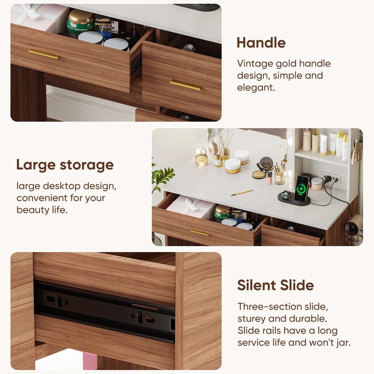 Cottinch Vanity Desk 3 Color Lighted Mirror,Makeup Dressing Table with 4 Drawers and Storage Shelves,2 Outlets,2 USB Ports,White