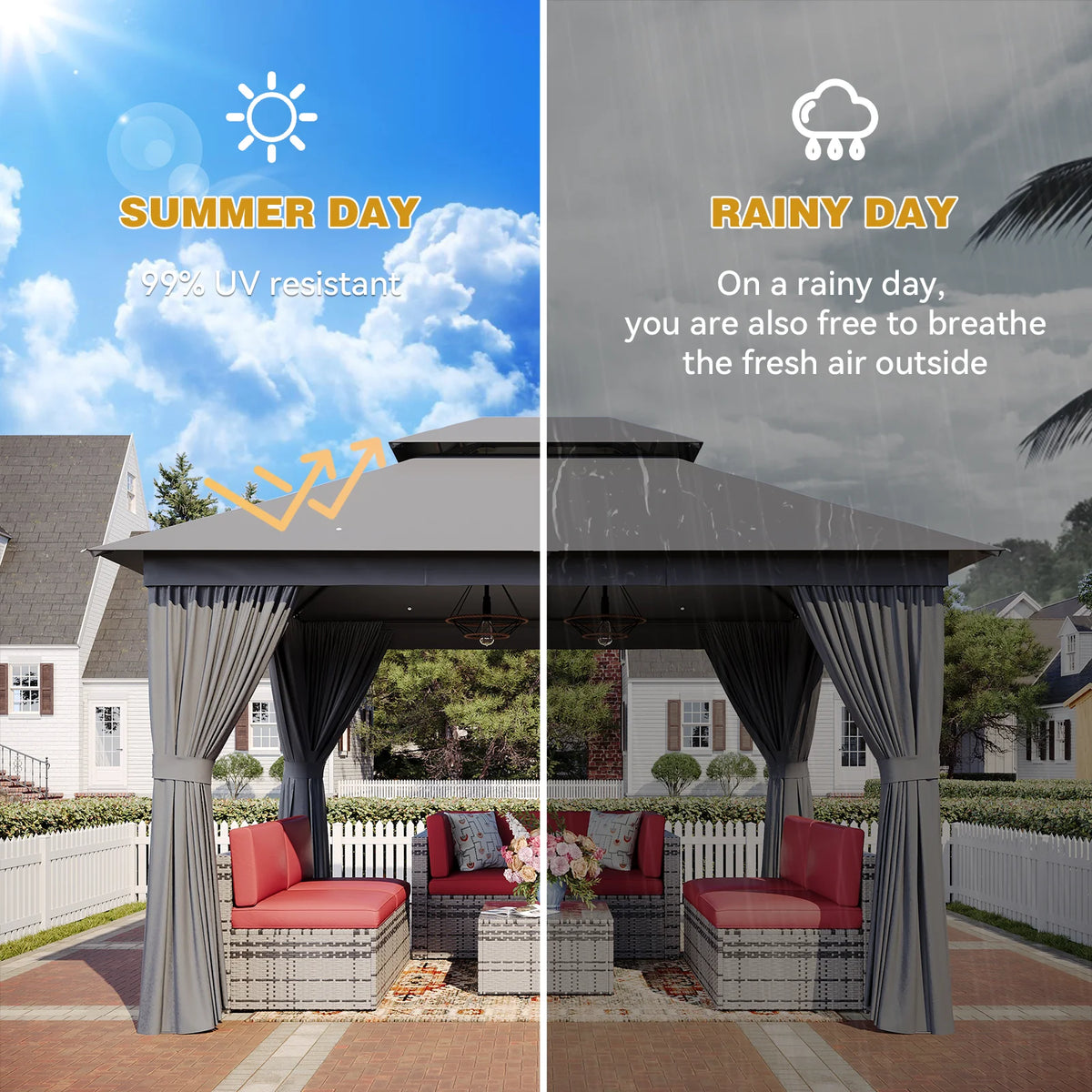 Sunmthink Outdoor Gazebo for Patio 10x12, Metal Frame Canopy with Double Roofs, Heavy Duty Party Tent and Shelter with Mosquito Netting and Privacy Screen for Backyard,Garden,Deck (Gray)