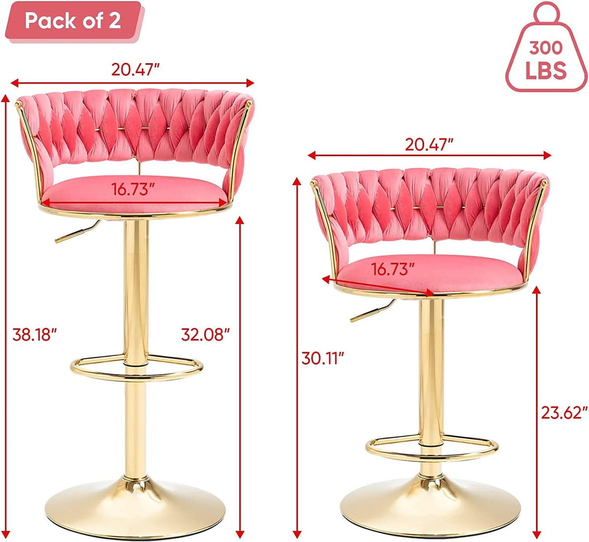 KINFFICT Upholstered Adjustable Swivel Barstool Set of 2, Velvet Bar Height Bar Stools Counter Height Bar Stools, Pink