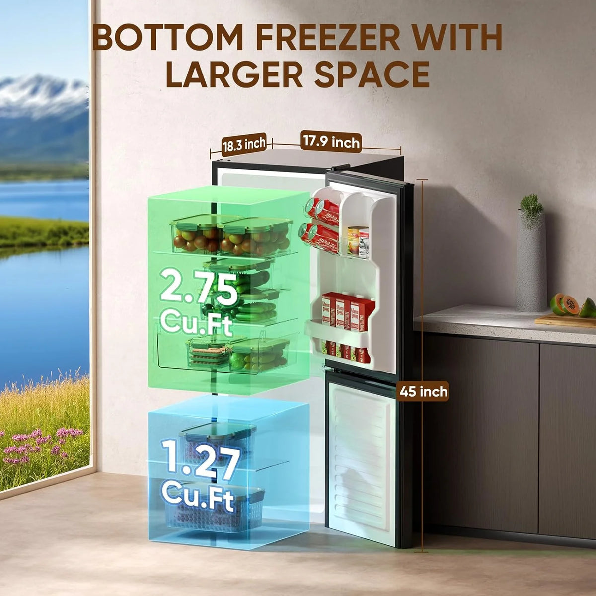 Upstreman 4.0 Cu.Ft Mini Fridge with Bottom Freezer, 2 Door Small Refrigerator with Adjustable Thermostat and Removable Glass Shelves for Bedroom, Dorm, Office, Apartment, Black BM40