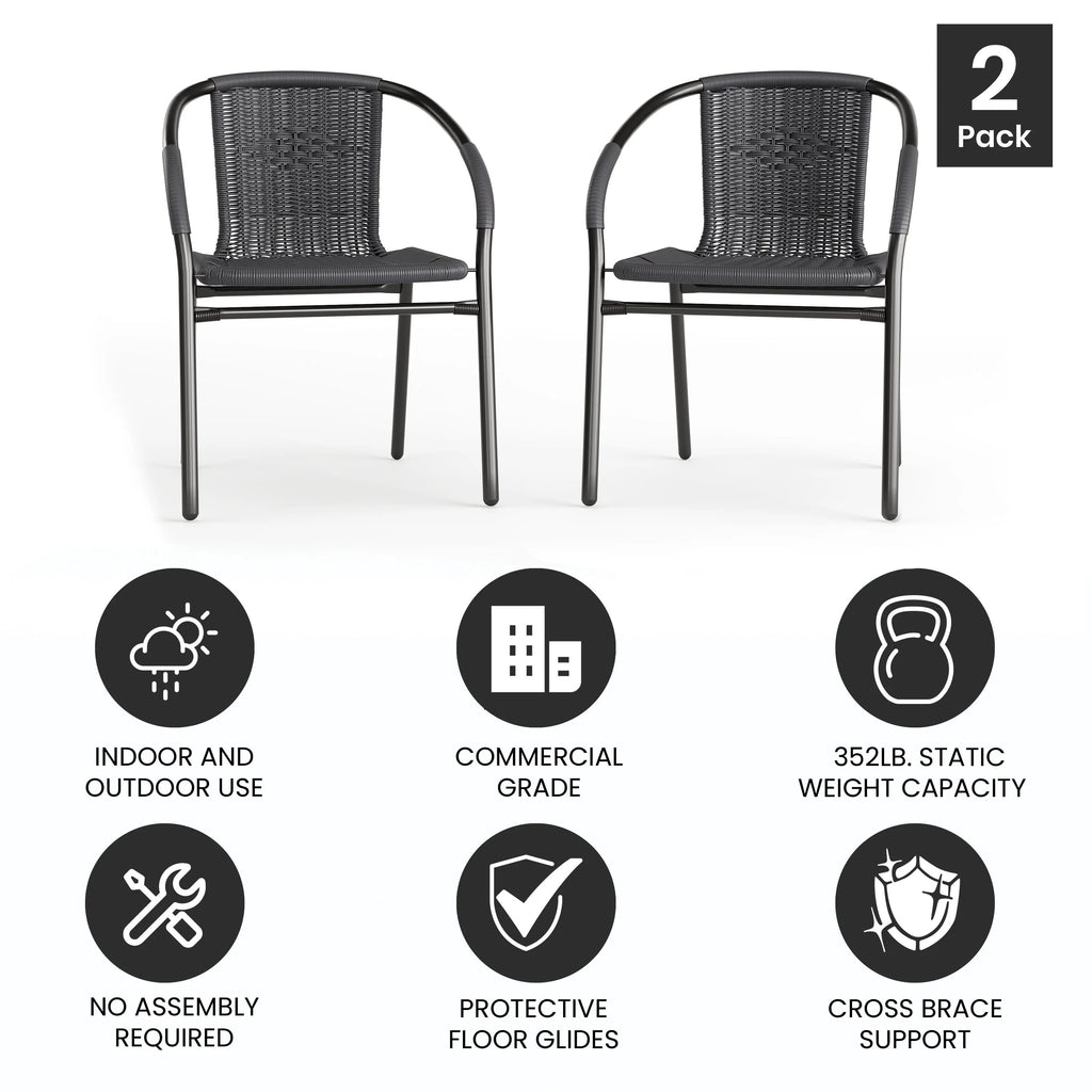 Emma + Oliver Indoor/Outdoor Stacking Rattan Restaurant Patio Chairs, Set of 2, Gray