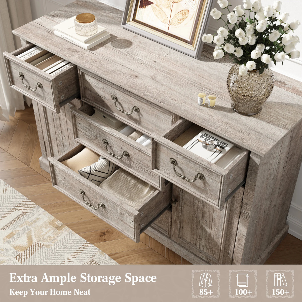 EnHomee Wood Dresser for Bedroom 9 Drawer Dressers&Chest of Drawers 63"L x 15.7"W x 31.5"H,Brown