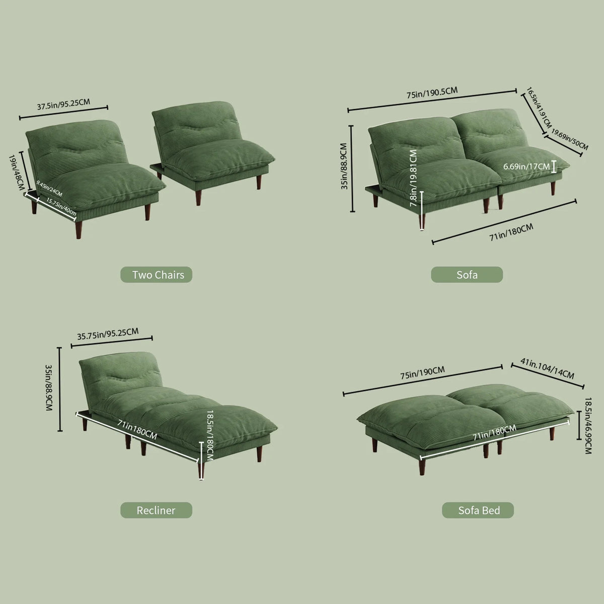 75" 4-in-1 Corduroy Futon Couch - Convertible to Lounger, Tatami & 2 Chairs, 3-Angle Adjustable Backrest, Solid Wood Frame, 300 LBS Capacity,Green