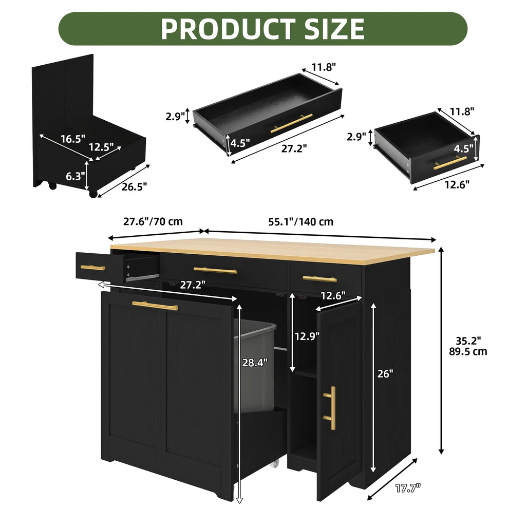 Uforic Kitchen Island with Drop Leaf & Wheels, Island Table with Trash Storage Cabinet, Black