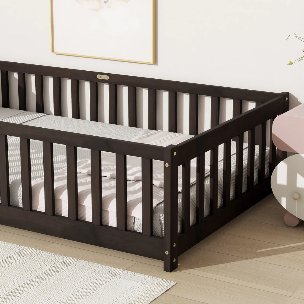 Miniyam Wooden Twin Size Floor Bed with Safety Fence for Kids, Natural