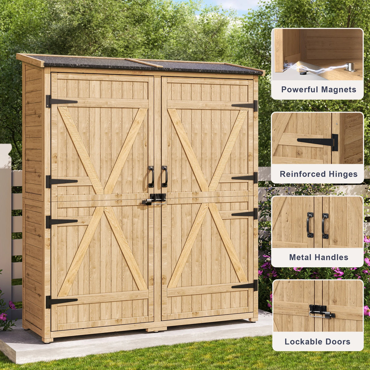 Asofer Outdoor Storage Shed, Storage Cabinet Clearance, Wooden Tool Shed, Deck Cabinet for Outside Patio Lawn