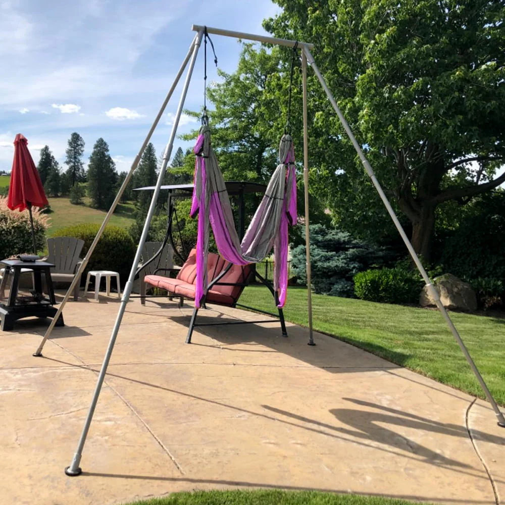 Kojem 97"/2.46m Aerial Trapeze Stand Portable Rig Yoga Swing Bar 250kg/551lbs Aluminum Rack ＆ Nylon Silk Indoor Outdoor Use with 20Ft/6m Aerial Purple Silk