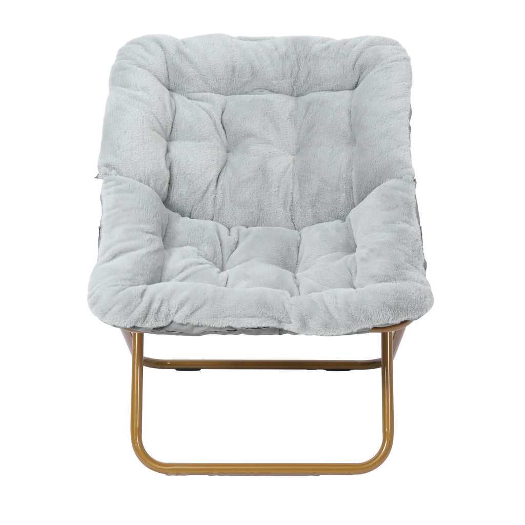 Emma + Oliver Oversized Faux Fur Folding Saucer Chair for Dorm, Bedroom, Black Faux Fur/Black Frame
